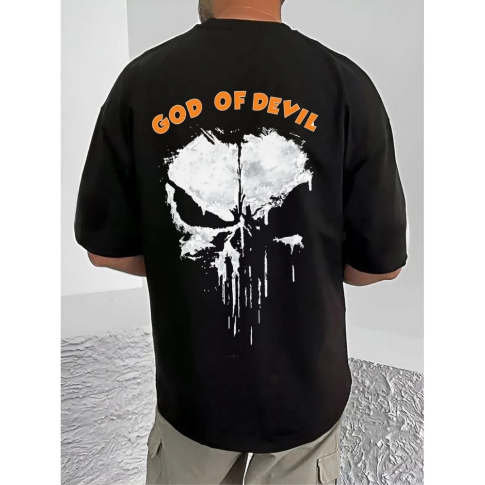 Amfyn Men's Casual Cotton Blend Printed Round Neck Half Sleeve T-Shirt (Black)