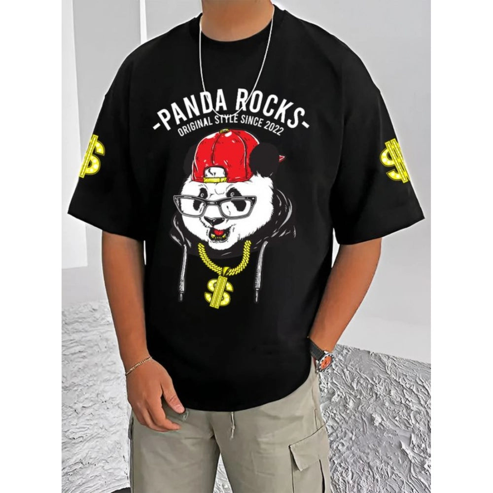 Amfyn Men's Casual Cotton Blend Printed Round Neck Half Sleeve T-Shirt (Black)