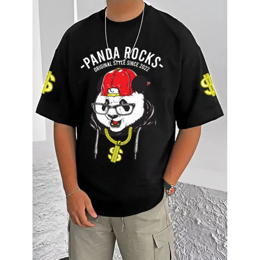 Amfyn Men's Casual Cotton Blend Printed Round Neck Half Sleeve T-Shirt (Black)