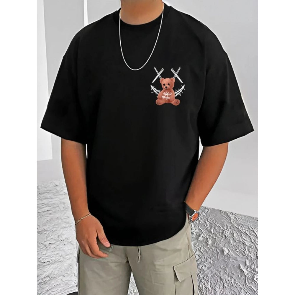 Amfyn Men's Casual Cotton Blend Printed Round Neck Half Sleeve T-Shirt (Black)