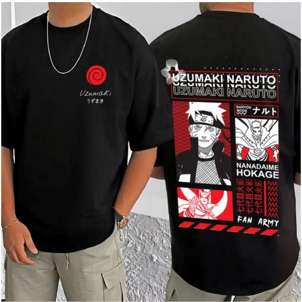 Amfyn Men's Casual Cotton Blend Printed Round Neck Half Sleeve T-Shirt (Black)