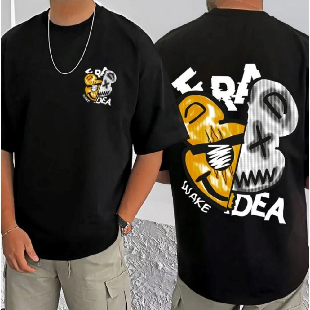 Amfyn Men's Casual Cotton Blend Printed Round Neck Half Sleeve T-Shirt (Black)