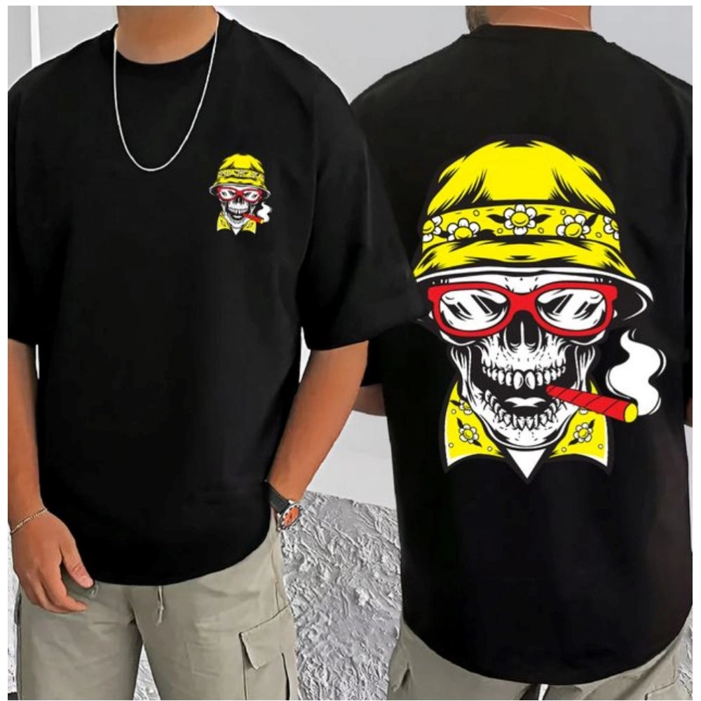 Amfyn Men's Casual Cotton Blend Printed Round Neck Half Sleeve T-Shirt (Black)