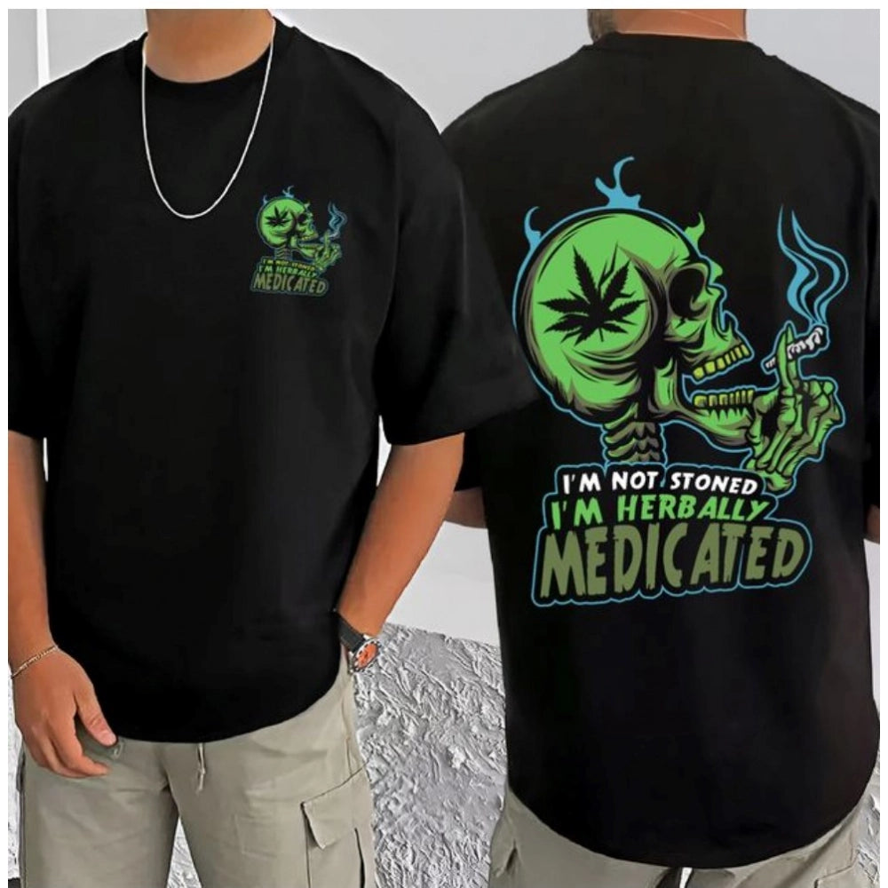 Amfyn Men's Casual Cotton Blend Printed Round Neck Half Sleeve T-Shirt (Black)