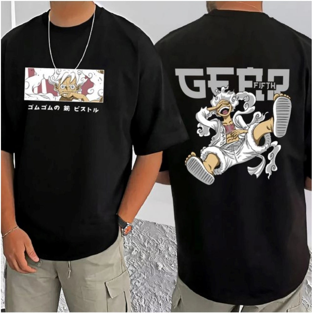 Amfyn Men's Casual Cotton Blend Printed Round Neck Half Sleeve T-Shirt (Black)