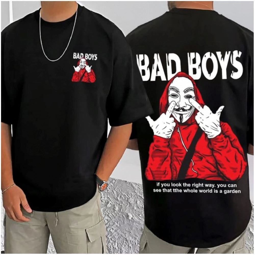 Amfyn Men's Casual Cotton Blend Printed Round Neck Half Sleeve T-Shirt (Black)