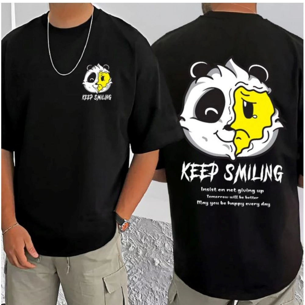 Amfyn Men's Casual Cotton Blend Printed Round Neck Half Sleeve T-Shirt (Black)