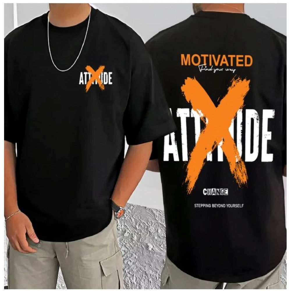 Amfyn Men's Casual Cotton Blend Printed Round Neck Half Sleeve T-Shirt (Black)