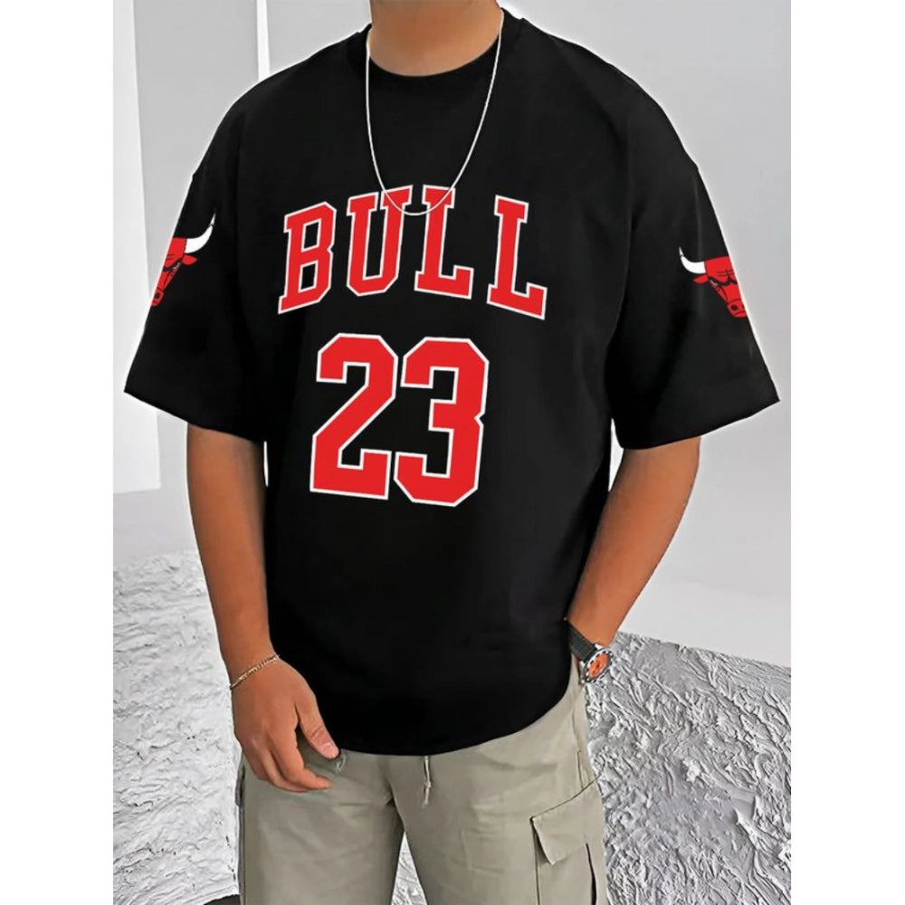 Amfyn Men's Casual Cotton Blend Printed Round Neck Half Sleeve T-Shirt (Black)