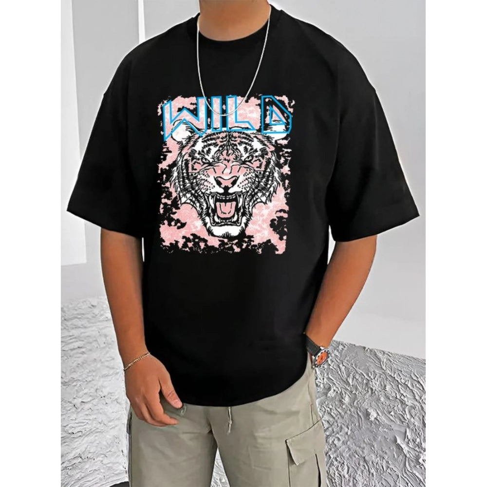 Amfyn Men's Casual Cotton Blend Printed Round Neck Half Sleeve T-Shirt (Black)