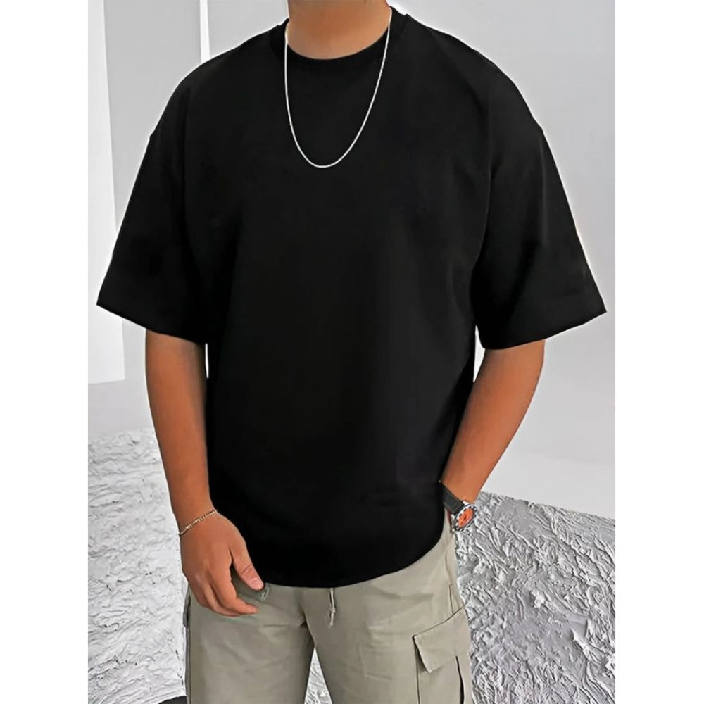 Amfyn Men's Casual Cotton Blend Printed Round Neck Half Sleeve T-Shirt (Black)