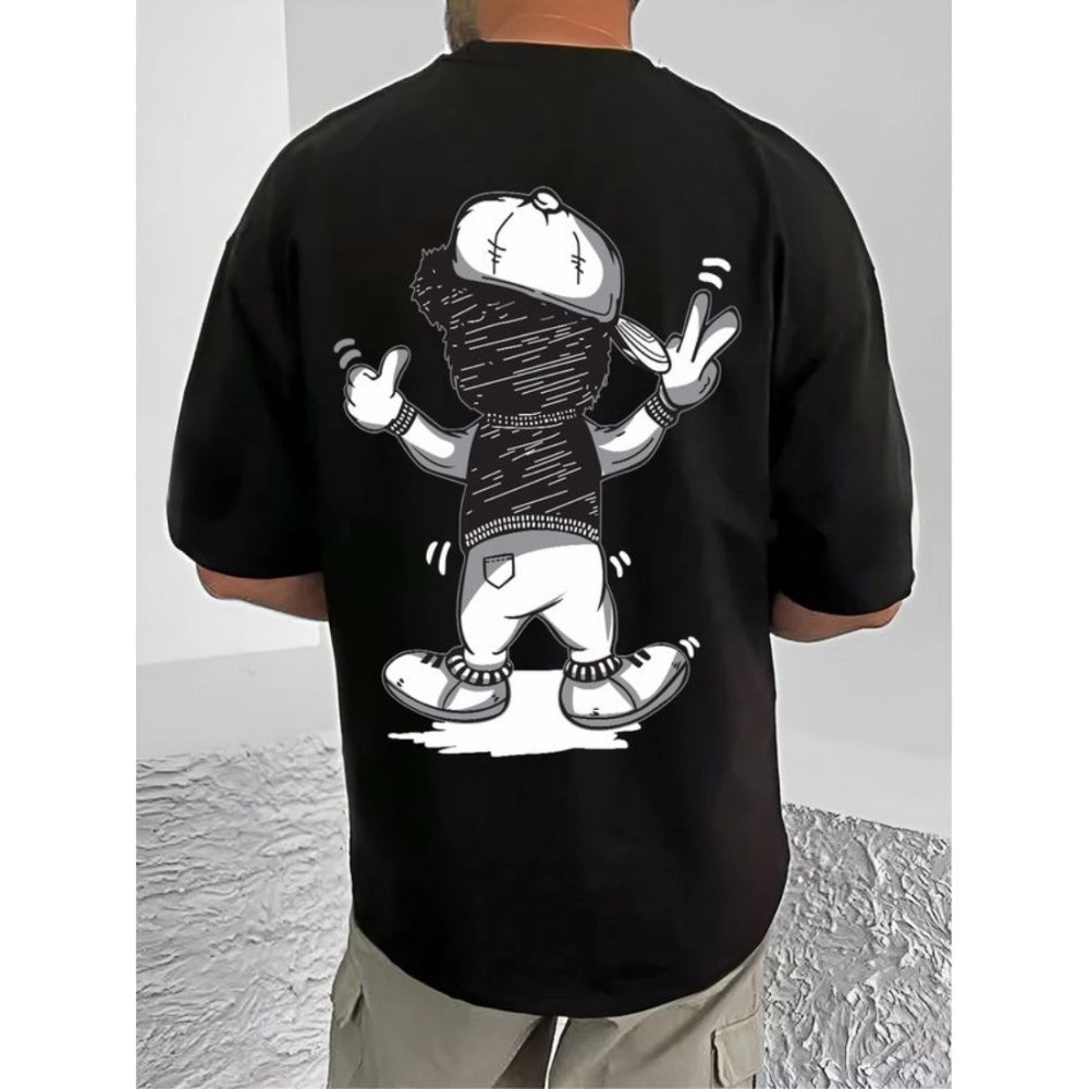 Amfyn Men's Casual Cotton Blend Printed Round Neck Half Sleeve T-Shirt (Black)