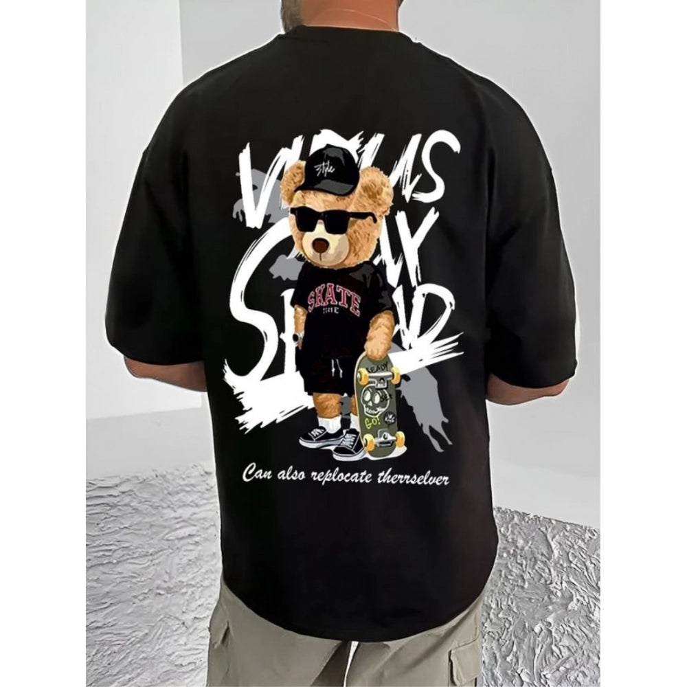 Amfyn Men's Casual Cotton Blend Printed Round Neck Half Sleeve T-Shirt (Black)