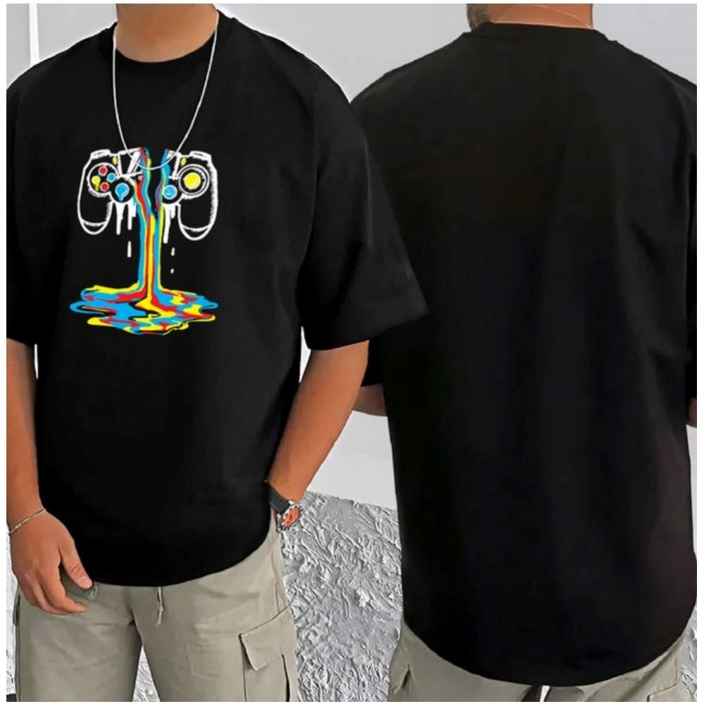 Amfyn Men's Casual Cotton Blend Printed Round Neck Half Sleeve T-Shirt (Black)