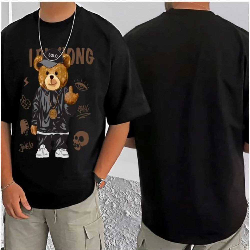 Amfyn Men's Casual Cotton Blend Printed Round Neck Half Sleeve T-Shirt (Black)