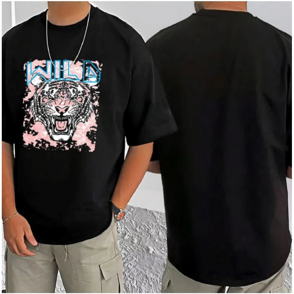 Amfyn Men's Casual Cotton Blend Printed Round Neck Half Sleeve T-Shirt (Black)