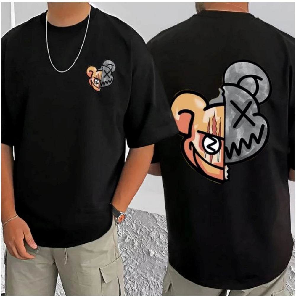 Amfyn Men's Casual Cotton Blend Printed Round Neck Half Sleeve T-Shirt (Black)