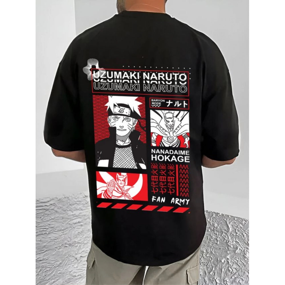 Amfyn Men's Casual Cotton Blend Printed Round Neck Half Sleeve T-Shirt (Black)