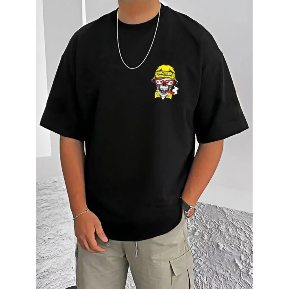 Amfyn Men's Casual Cotton Blend Printed Round Neck Half Sleeve T-Shirt (Black)