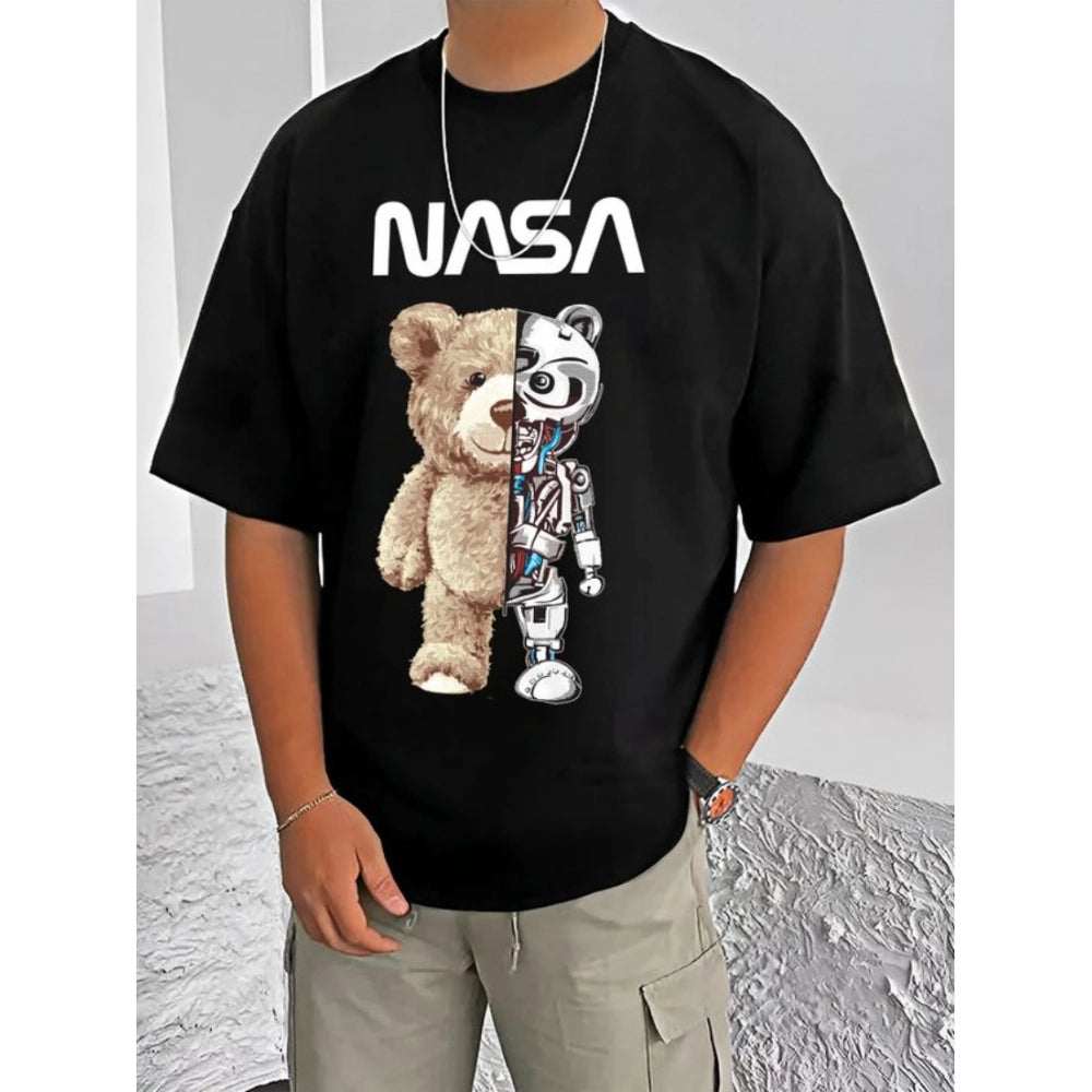 Amfyn Men's Casual Cotton Blend Printed Round Neck Half Sleeve T-Shirt (Black)