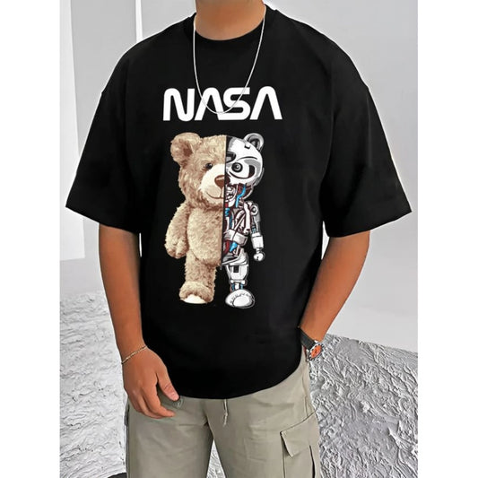 Amfyn Men's Casual Cotton Blend Printed Round Neck Half Sleeve T-Shirt (Black)