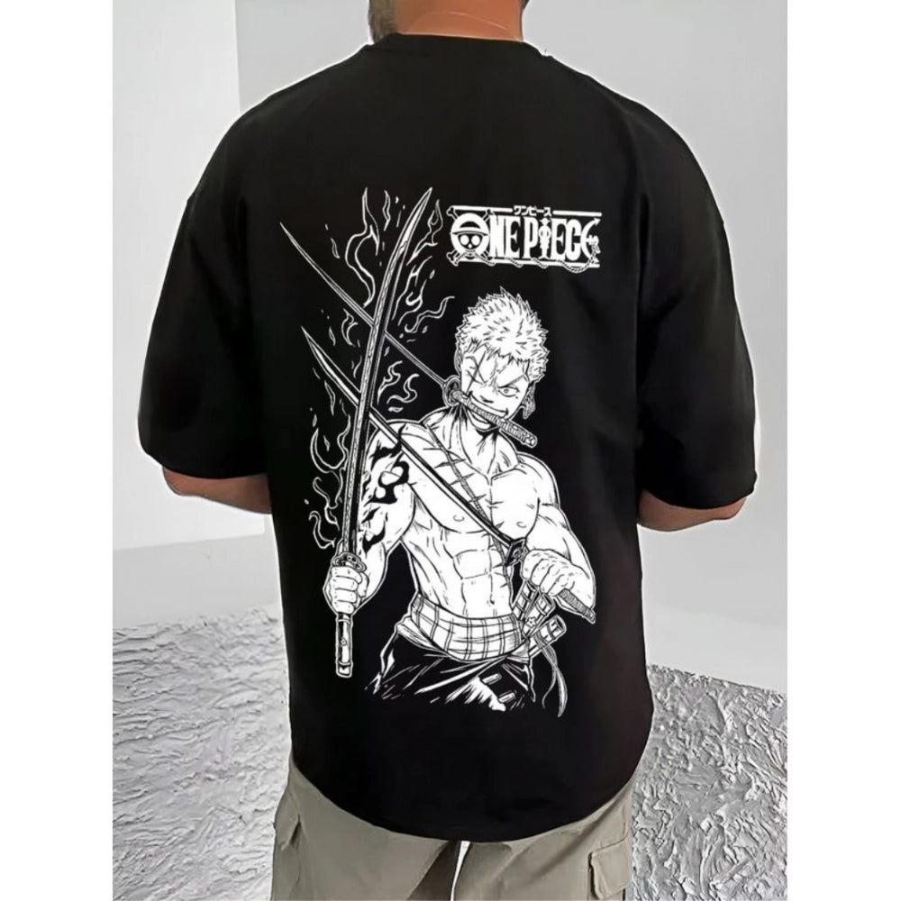 Amfyn Men's Casual Cotton Blend Printed Round Neck Half Sleeve T-Shirt (Black)