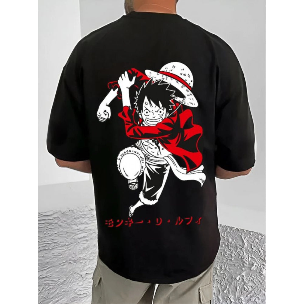 Amfyn Men's Casual Cotton Blend Printed Round Neck Half Sleeve T-Shirt (Black)