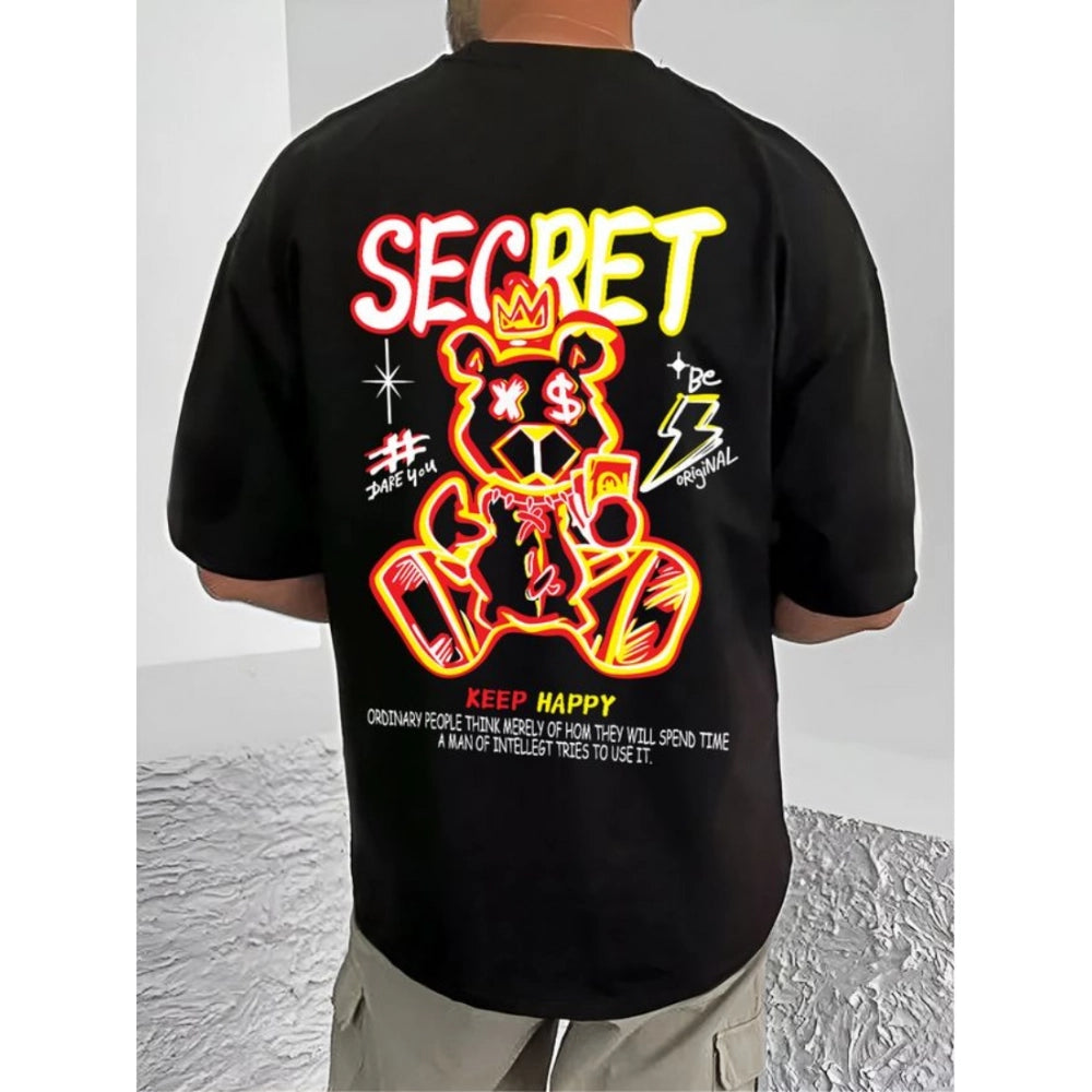 Amfyn Men's Casual Cotton Blend Printed Round Neck Half Sleeve T-Shirt (Black)