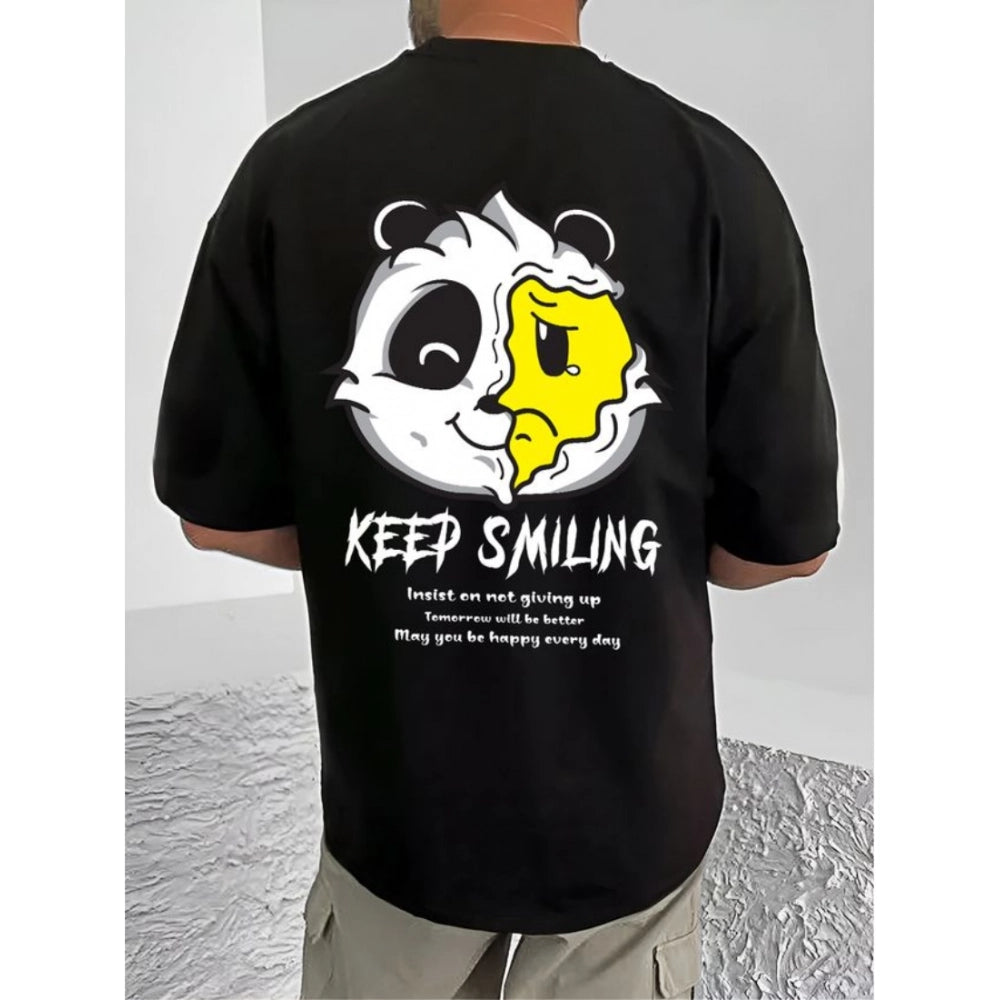 Amfyn Men's Casual Cotton Blend Printed Round Neck Half Sleeve T-Shirt (Black)