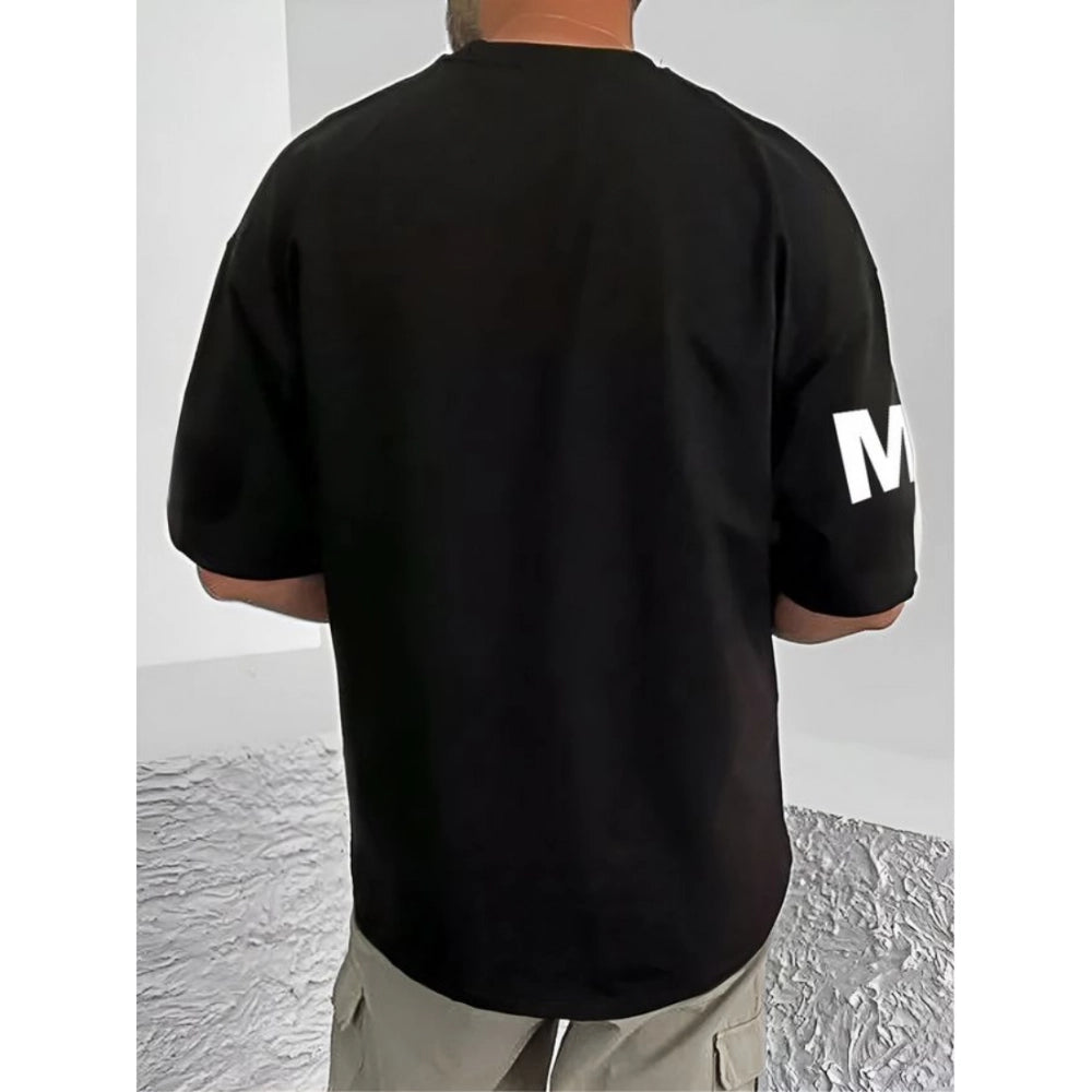 Amfyn Men's Casual Cotton Blend Printed Round Neck Half Sleeve T-Shirt (Black)