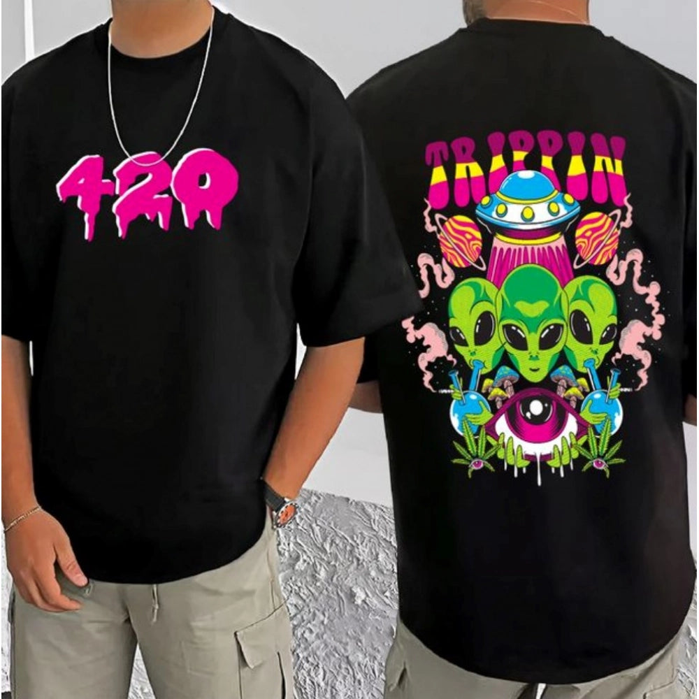 Amfyn Men's Casual Cotton Blend Printed Round Neck Half Sleeve T-Shirt (Black)