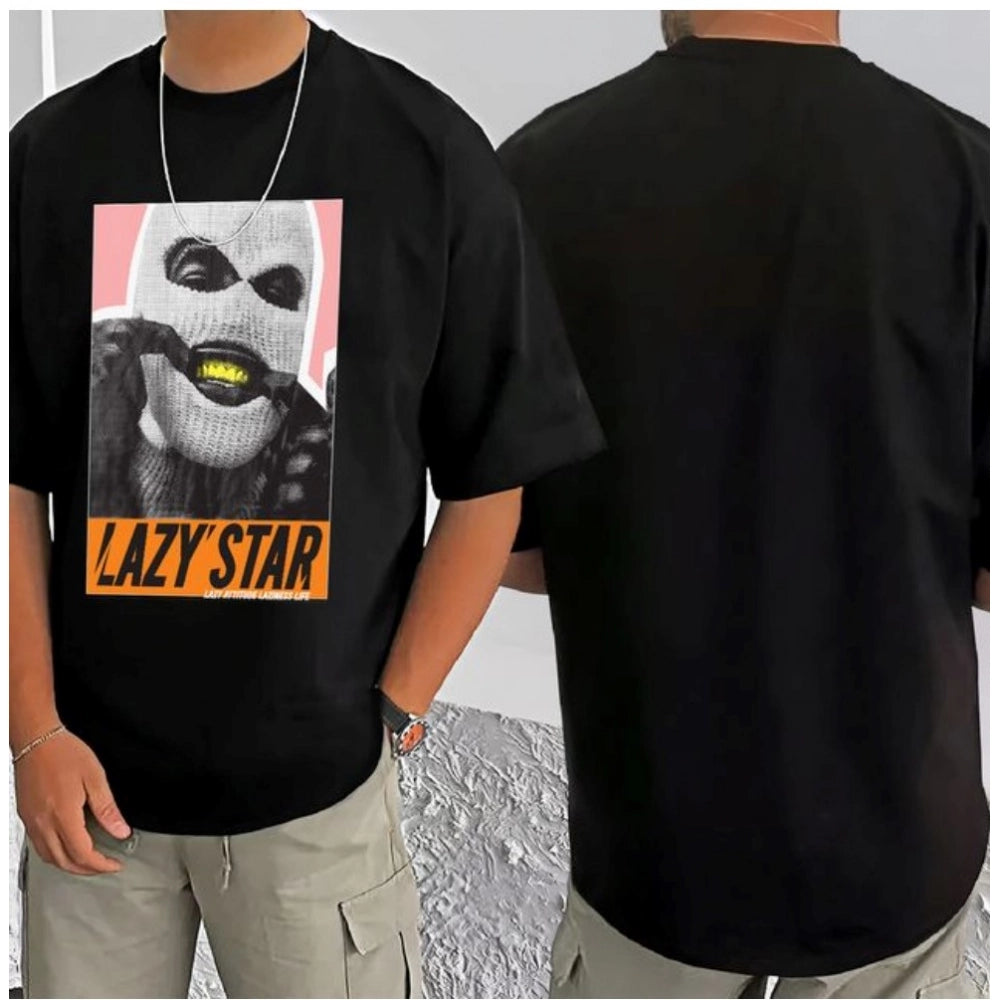 Amfyn Men's Casual Cotton Blend Printed Round Neck Half Sleeve T-Shirt (Black)