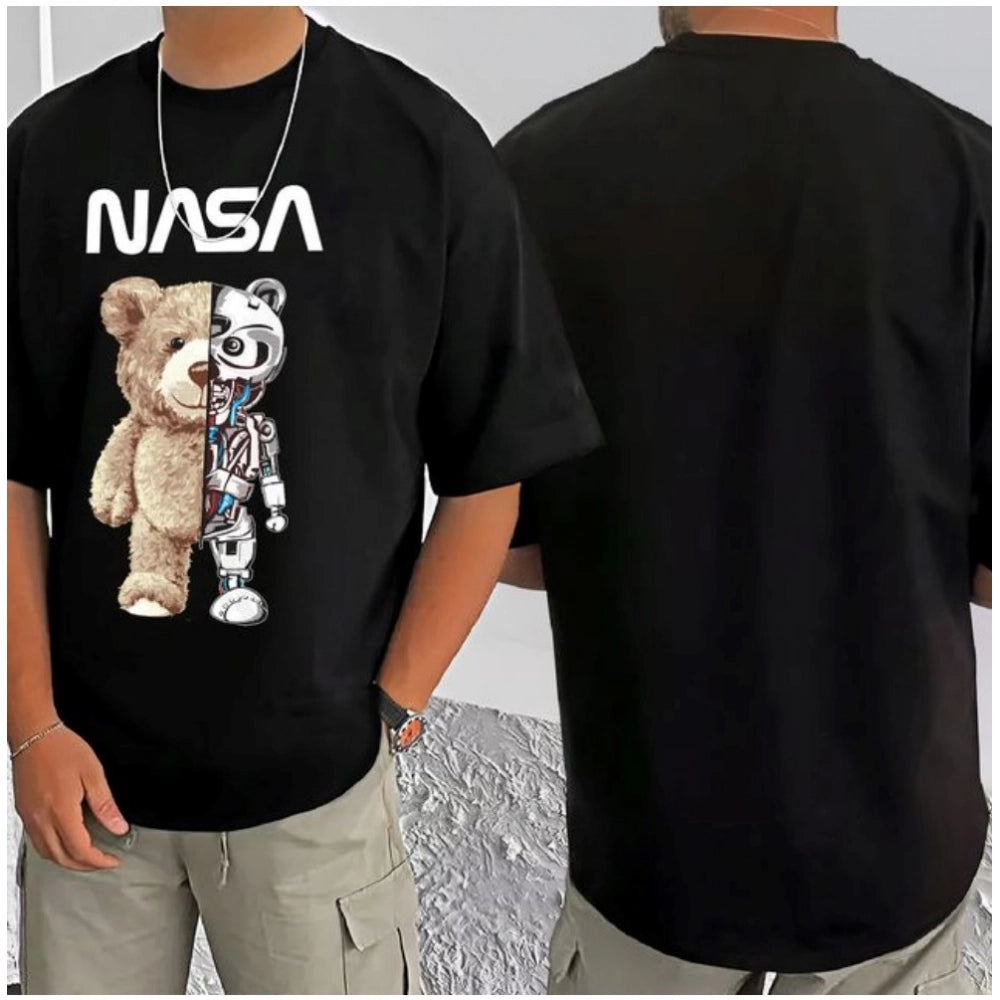 Amfyn Men's Casual Cotton Blend Printed Round Neck Half Sleeve T-Shirt (Black)