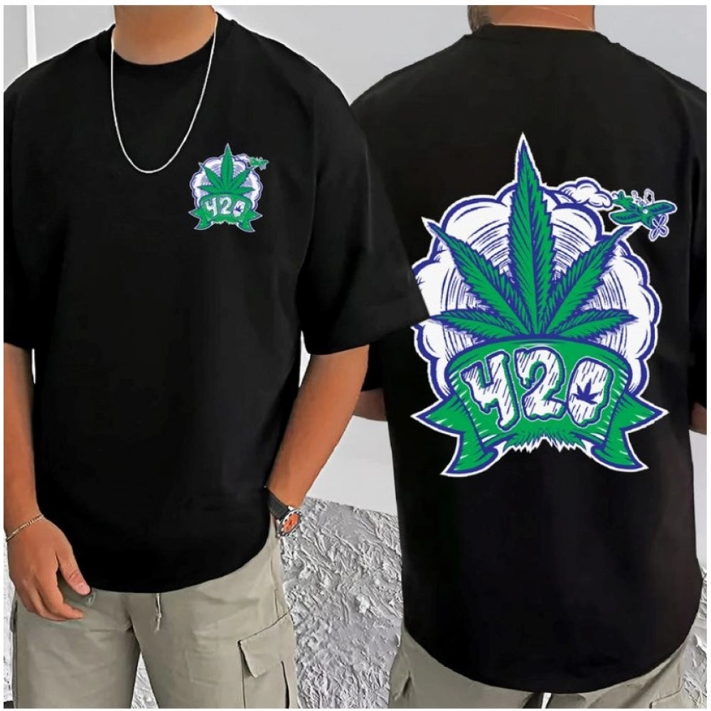 Amfyn Men's Casual Cotton Blend Printed Round Neck Half Sleeve T-Shirt (Black)