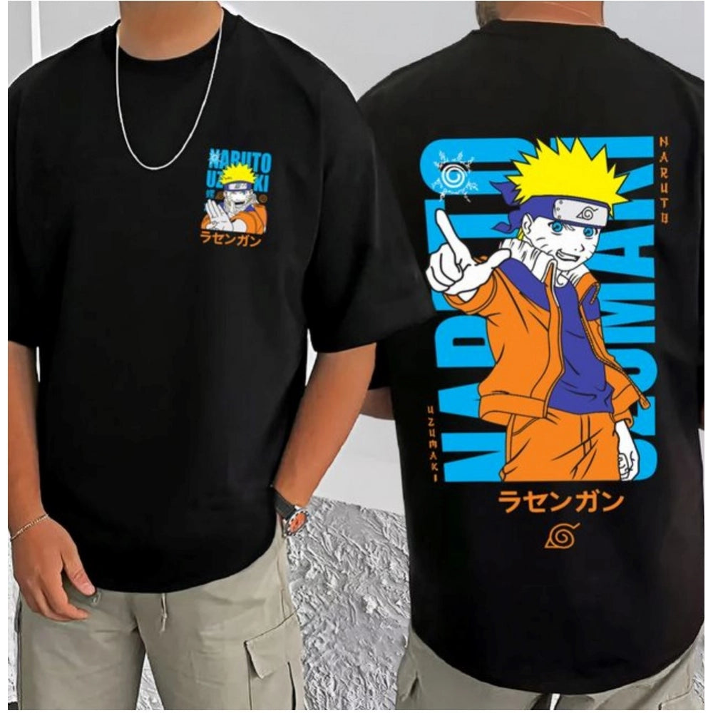 Amfyn Men's Casual Cotton Blend Printed Round Neck Half Sleeve T-Shirt (Black)