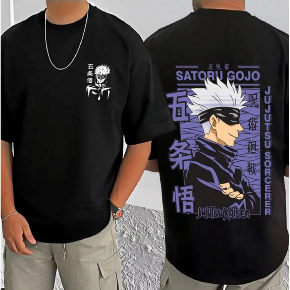 Amfyn Men's Casual Cotton Blend Printed Round Neck Half Sleeve T-Shirt (Black)