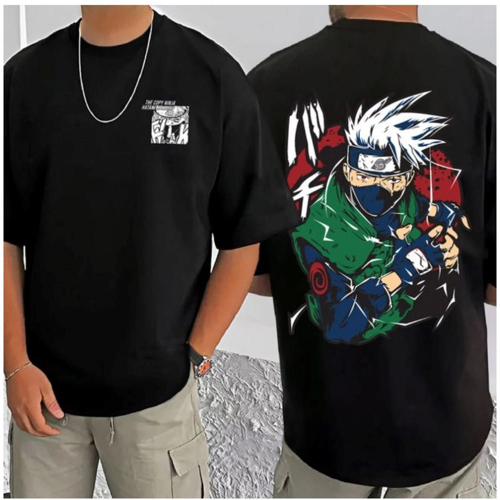 Amfyn Men's Casual Cotton Blend Printed Round Neck Half Sleeve T-Shirt (Black)