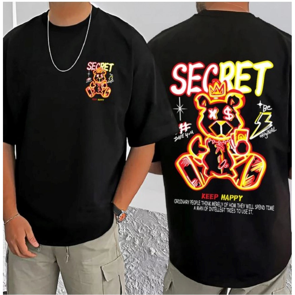 Amfyn Men's Casual Cotton Blend Printed Round Neck Half Sleeve T-Shirt (Black)