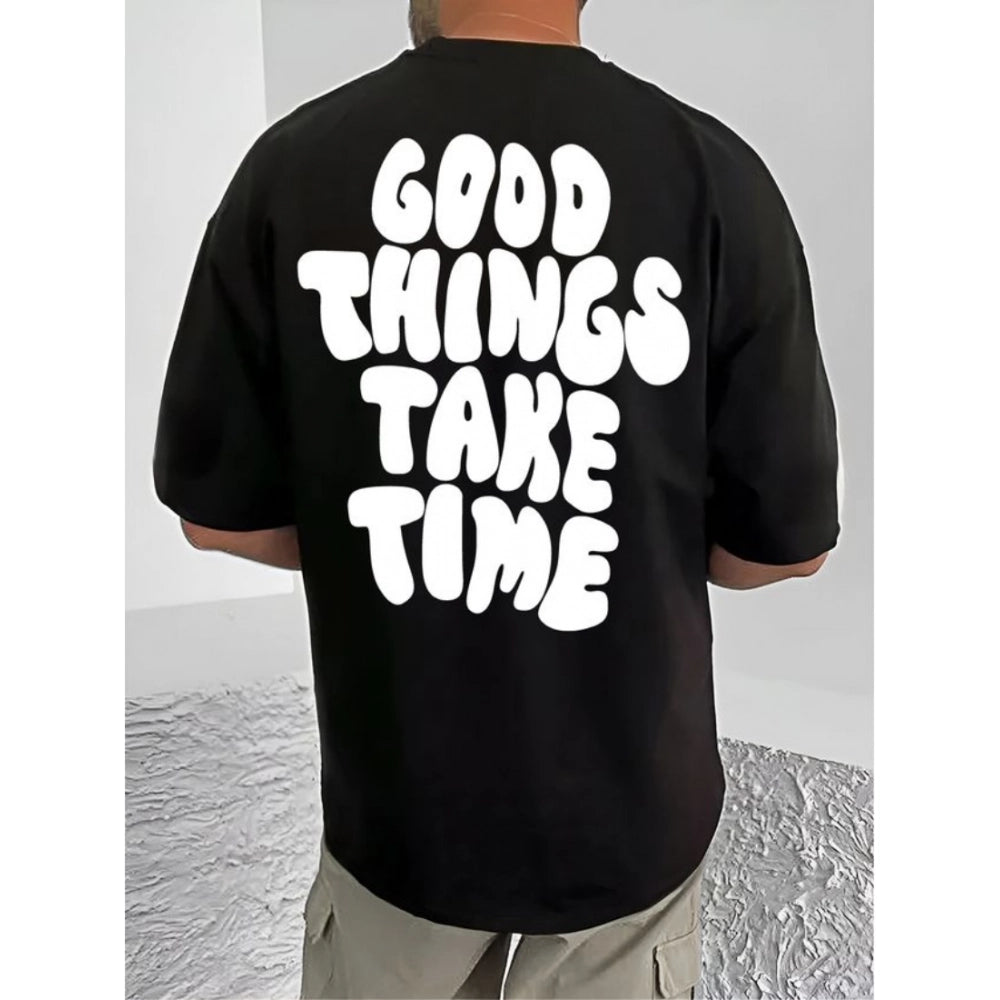 Amfyn Men's Casual Cotton Blend Printed Round Neck Half Sleeve T-Shirt (Black)