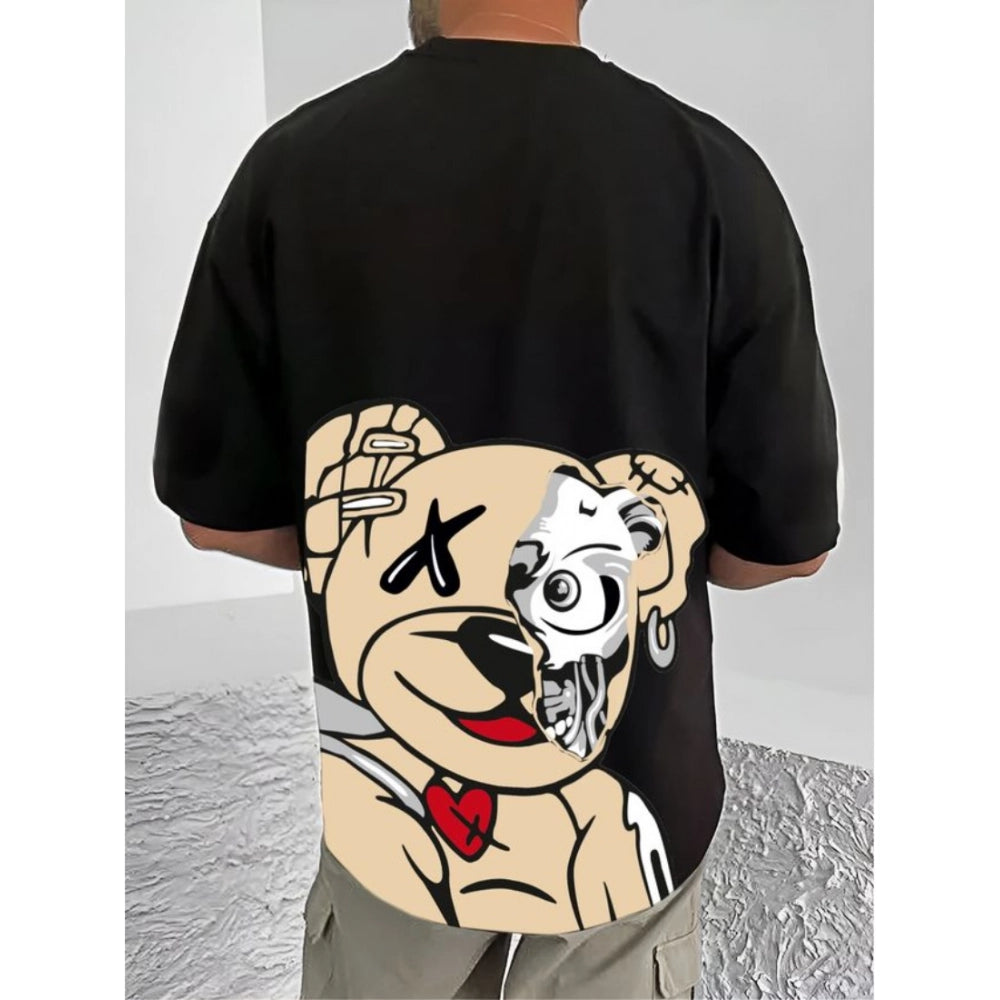 Amfyn Men's Casual Cotton Blend Printed Round Neck Half Sleeve T-Shirt (Black)