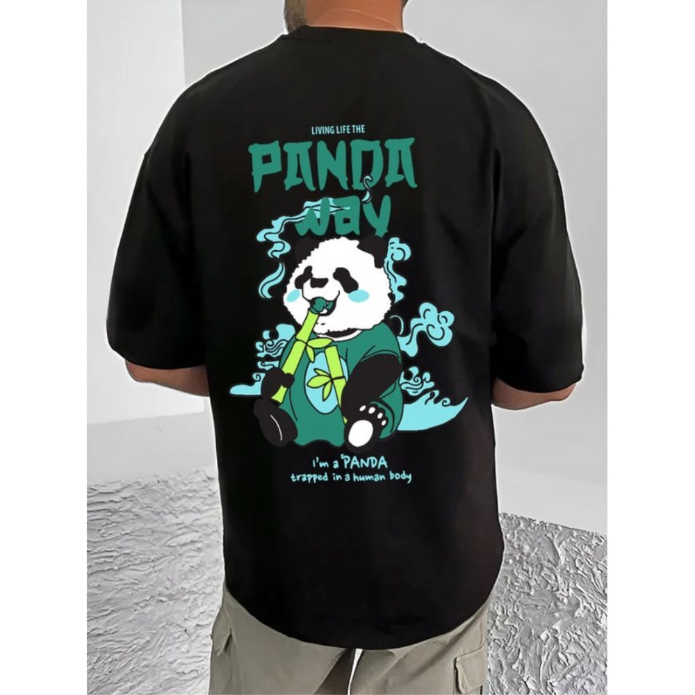 Amfyn Men's Casual Cotton Blend Printed Round Neck Half Sleeve T-Shirt (Black)