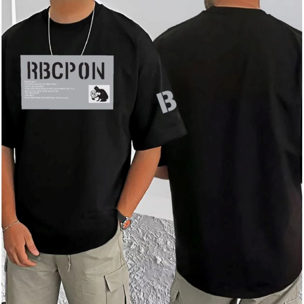 Amfyn Men's Casual Cotton Blend Printed Round Neck Half Sleeve T-Shirt (Black)