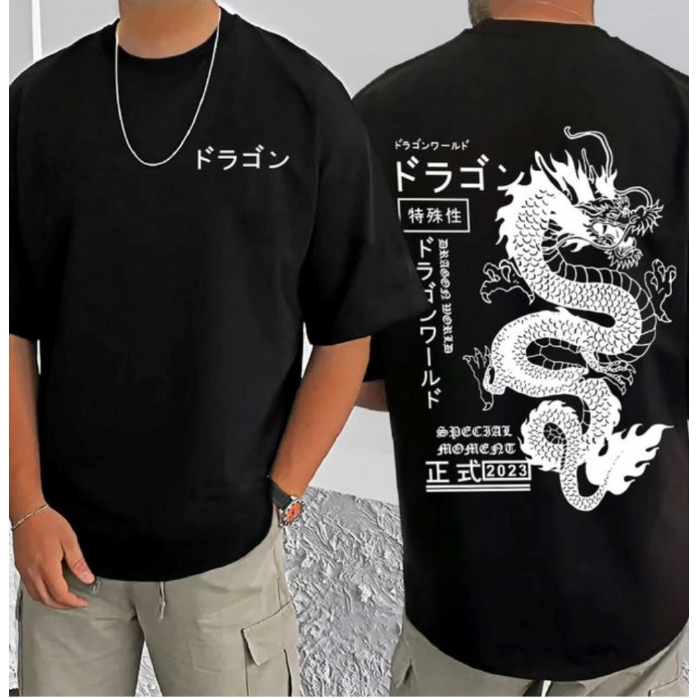 Amfyn Men's Casual Cotton Blend Printed Round Neck Half Sleeve T-Shirt (Black)