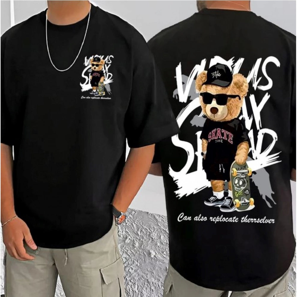 Amfyn Men's Casual Cotton Blend Printed Round Neck Half Sleeve T-Shirt (Black)