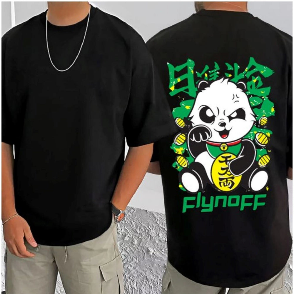 Amfyn Men's Casual Cotton Blend Printed Round Neck Half Sleeve T-Shirt (Black)