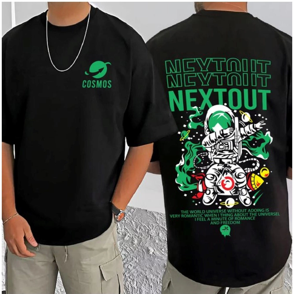 Amfyn Men's Casual Cotton Blend Printed Round Neck Half Sleeve T-Shirt (Black)