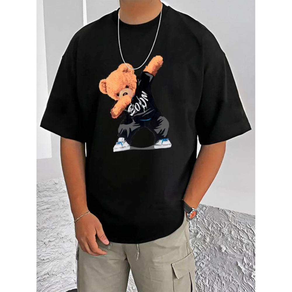 Amfyn Men's Casual Cotton Blend Printed Round Neck Half Sleeve T-Shirt (Black)