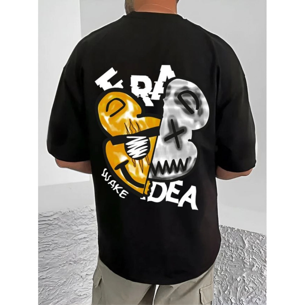 Amfyn Men's Casual Cotton Blend Printed Round Neck Half Sleeve T-Shirt (Black)