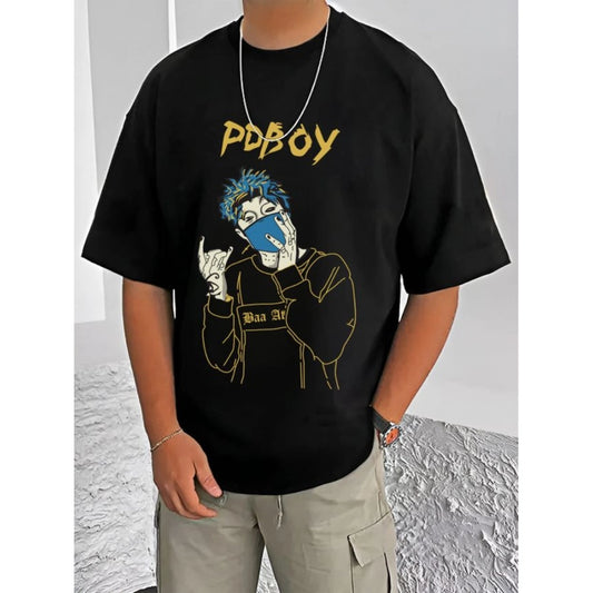 Amfyn Men's Casual Cotton Blend Printed Round Neck Half Sleeve T-Shirt (Black)