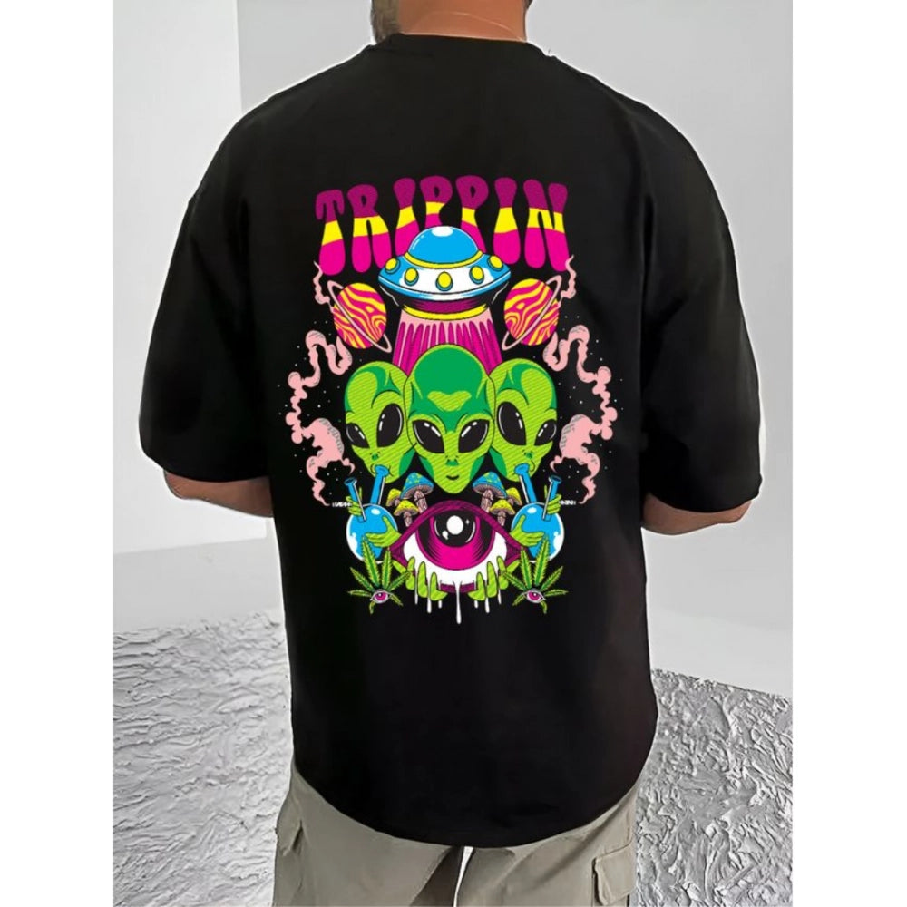 Amfyn Men's Casual Cotton Blend Printed Round Neck Half Sleeve T-Shirt (Black)